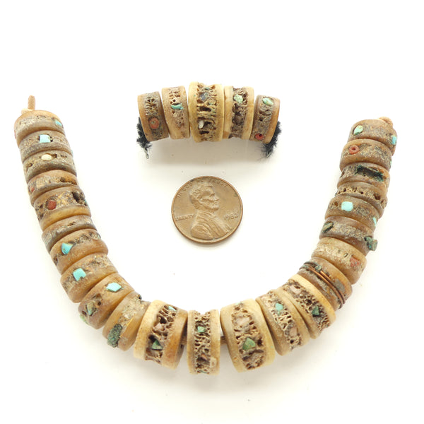 Bone, "Skull" Bone Slices Inlaid with TQ Chips and Glass, 12-15mm Diameter, Sold in Sets of 5