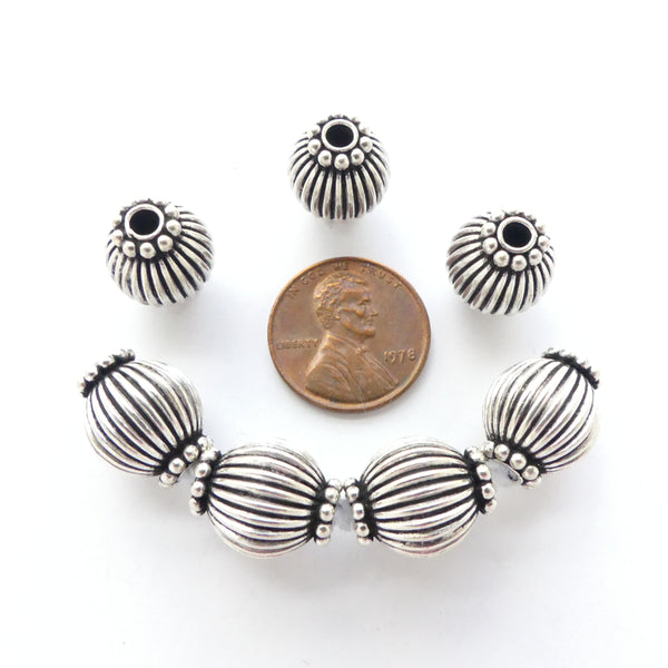 Indian Silver Round Corrugated with Granulated Collars, 15x12mm, Sold Individually