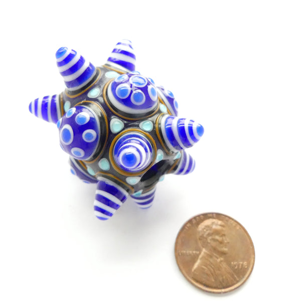 Tom Holland, Large Warring State Bead, Blue, Turquoise and White Glass, 35x30mm