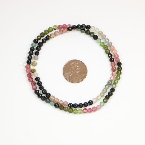 Tourmaline, Round, 4mm Diameter Multicolor, on 16-inch Strand