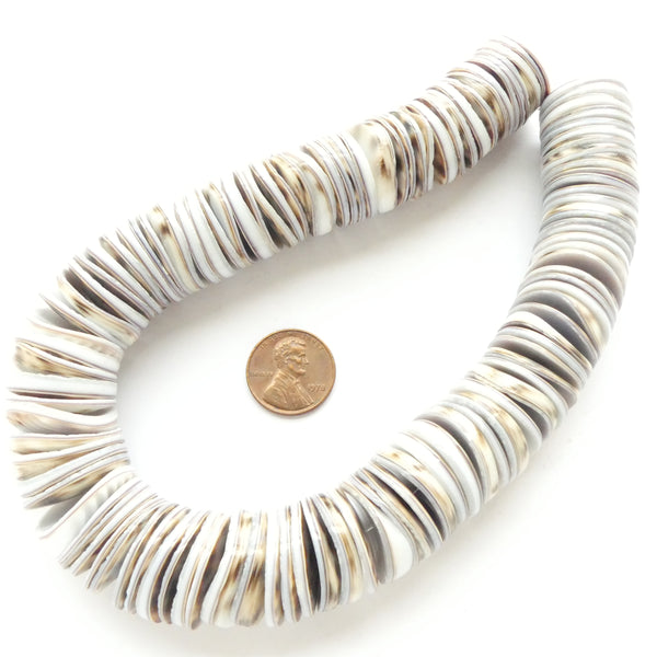 Shell, Giant Heishi, White with Brown, 20mm Diameter on 12.5-inch Strand