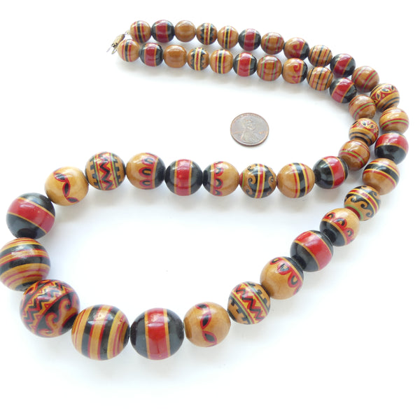 Wood, Round, Hand-painted in India, Red/Brown/Black on Graduated on 28-inch Strand