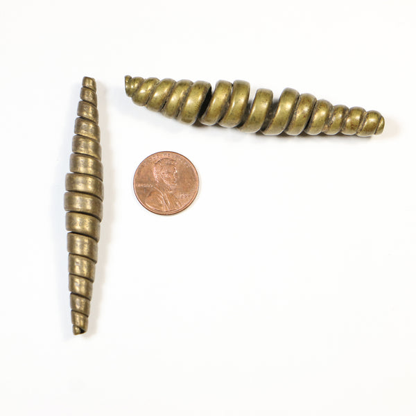 Brass, Very Large Long Oval Spiral Beads, 3 Inches long, Set of 2