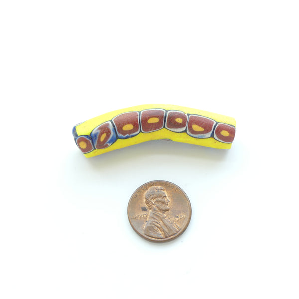 Millefiori Antique Venetian Trade Beads, Yellow Elbow with Brick, 50x12mm