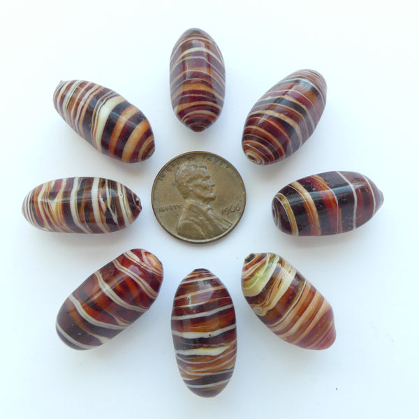 Wound Glass, 3-Sided Ovals, Reds & Earth Tones, 24x12mm, Sold in Sets of 5