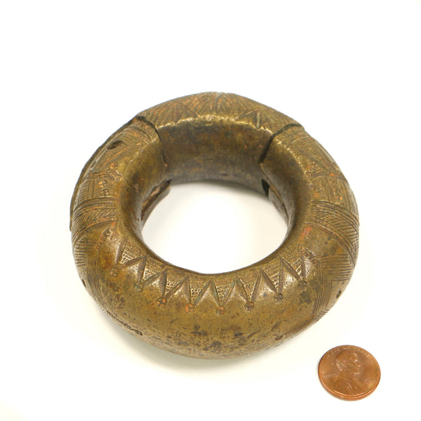 Brass, Antique Hinged "Bracelet" Elaborate Geometric Decoration, 3.75: OD, 2" ID