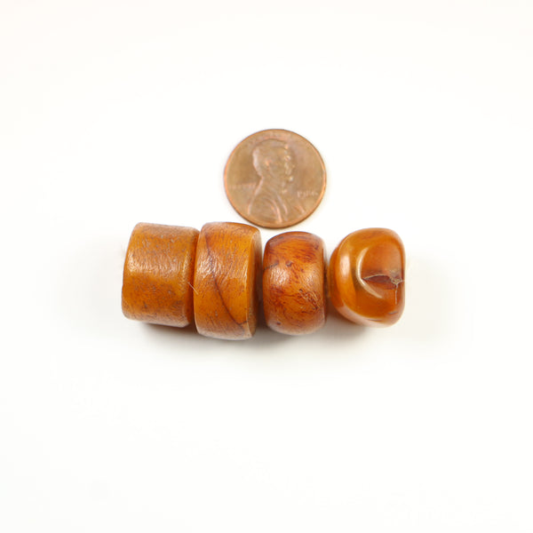 African Amber, Rustic Short Cylinder Beads with 1 Freeform, Largest 10x22mm, Set of 4
