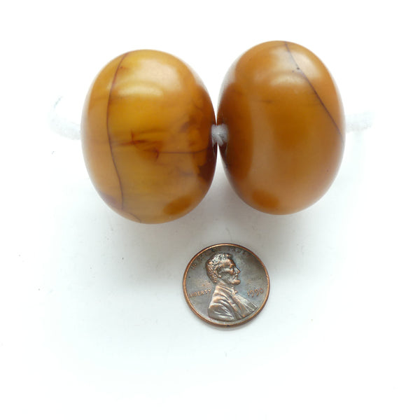 African Amber, Large Deep Caramel Color Beads With Swirls, Set of Two Beads