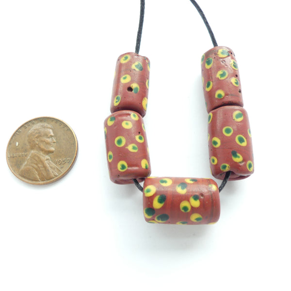 Lampwork, Antique Venetian, Brick Color with Yellow & Green "Eyes", Sets of 5 Beads
