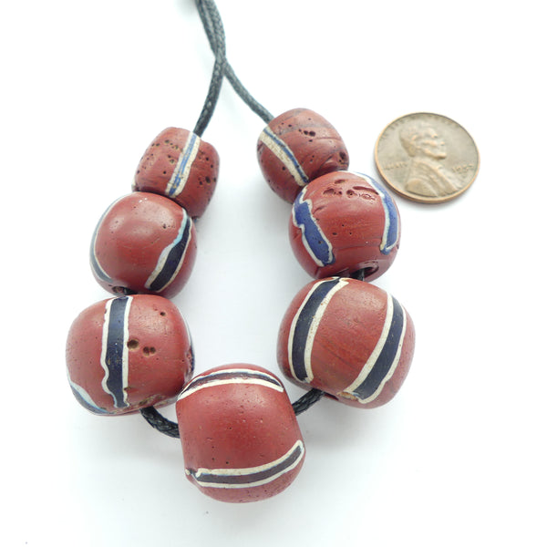 Lampwork, Antique Venetian, Brown, Large Round Beads with Blue & White Stripes, Set of 7