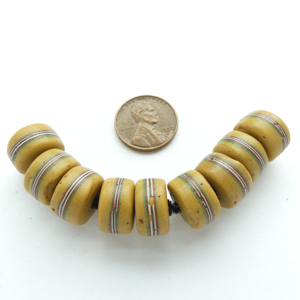 Lampwork, Antique Venetian, Khaki with Colorful Belt, Short Cylinders, 8x9mm, Sets of 9