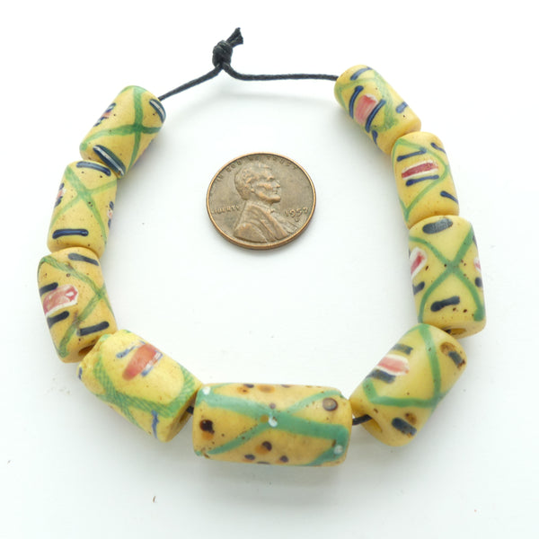 Lampwork, Antique Venetian, Yellow with Green & Pink 15x9mm, Set of 9