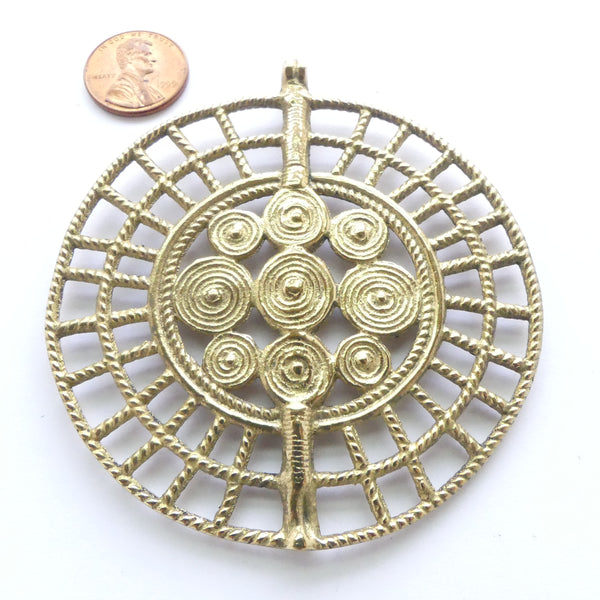 Brass, African Inspired Pendant, Large Disc with Spirals, 3 Inch Diameter