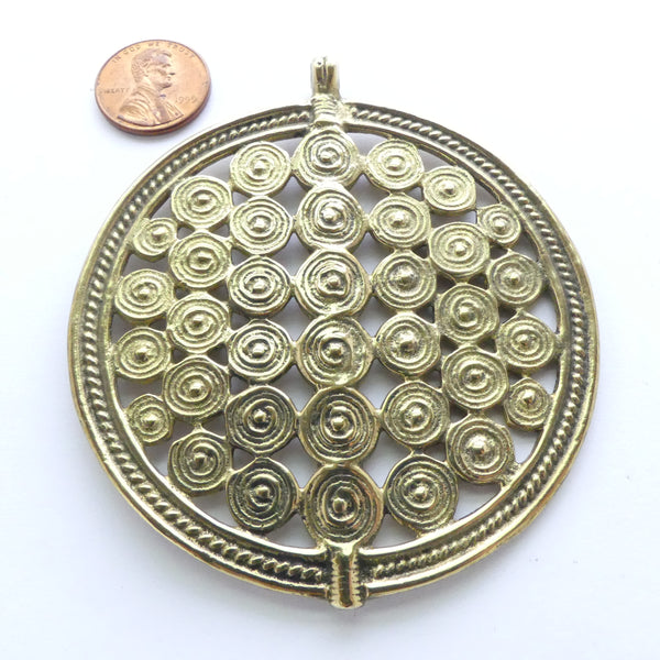 Brass, African Inspired Pendant, Large Circle 3 Inches Diameter