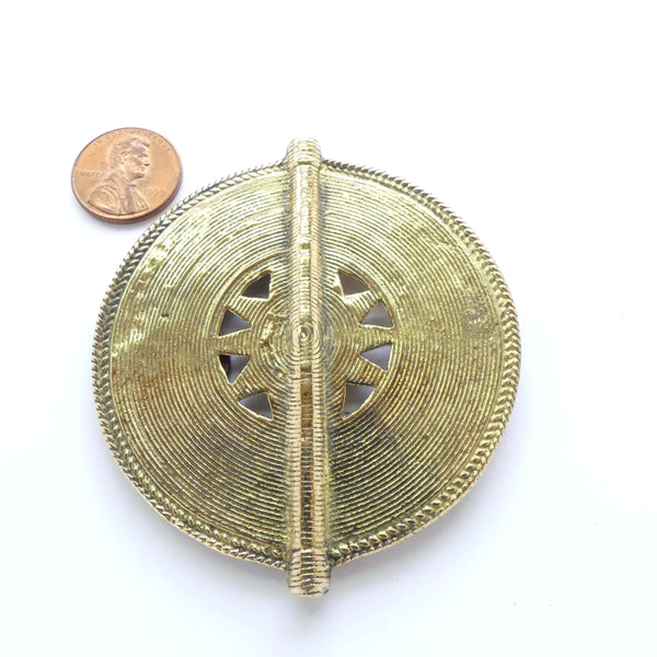 Brass, African Inspired Cast Disc Bead with Star Design, 2.5 Inches Diameter