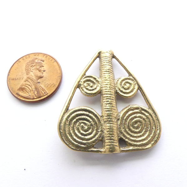 Brass, African Inspired Triangular Bead with Spirals, 35x21mm, Sold Individually