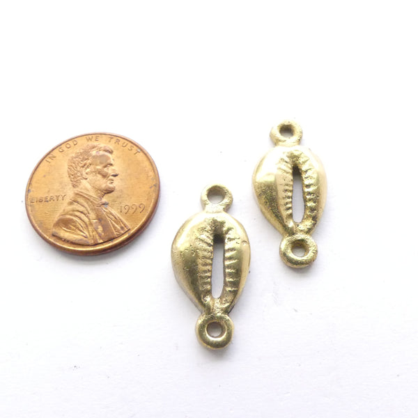 Brass, African Inspired Cast Cowrie Shells with Two Loops, 22mm Long , Set of 2