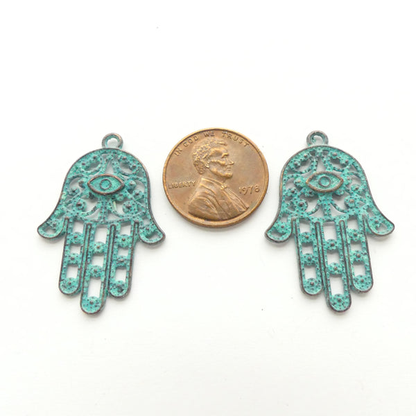 Brass, Hamsa or Hand of Fatima, Filigree with Green Patina, 32mm Long