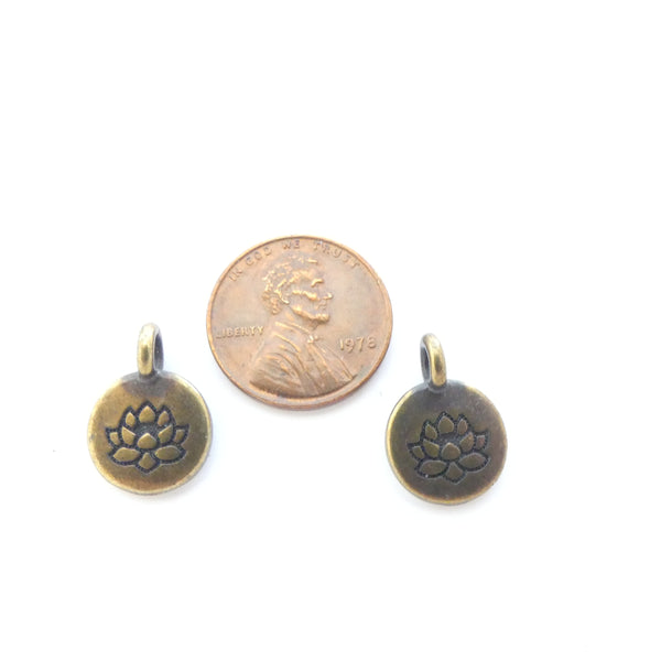 Brass, Antique Finish Lotus, Tierracast Charms, Sold by the Pair