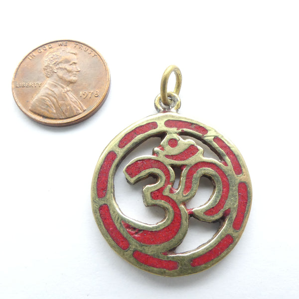 Brass, Pendant, Om in a Circle with Red Inday, 27mm Diameter