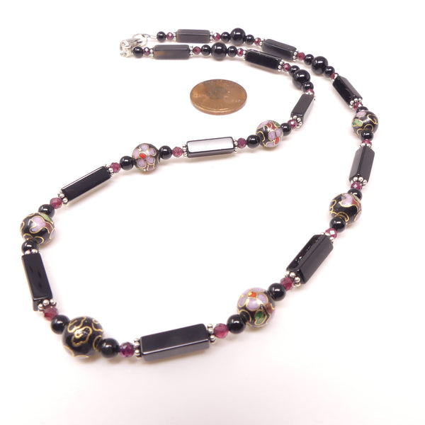 Delicate Black Onyx with Vintage Cloisonne & Faceted Garnet, Sterling Accents, 22 inches