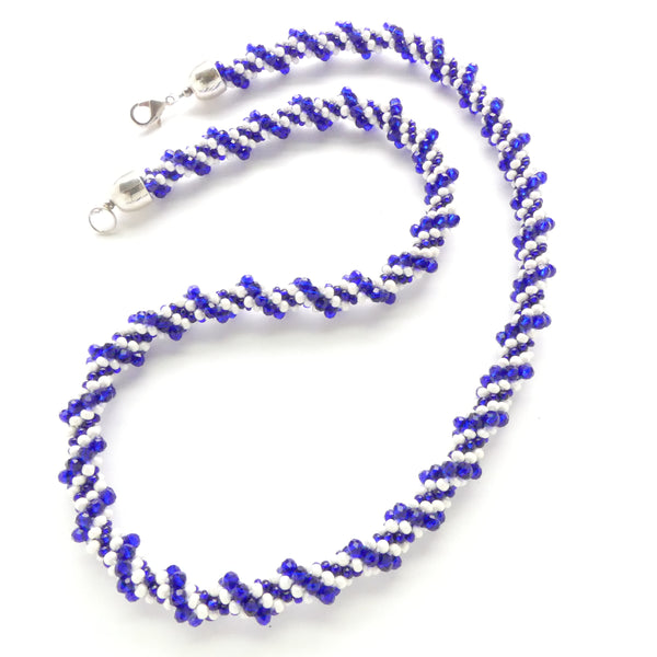 Kumihimo Necklace of Cobalt Blue Crystals with Pearly White & Blue Seed Beads, 25 inches