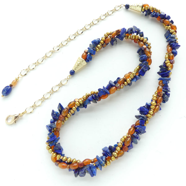 Twist Necklace, Delicate Mix of Lapis Chips, Gold Pearls & Carnelian, Adjusts 19-24 inches