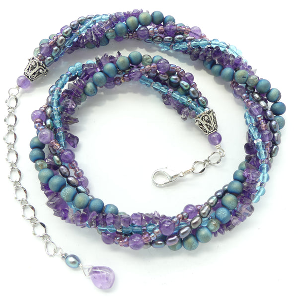Twist Necklace Amethyst Chips, Purple Pearls, Aqua & Lavender Glass, Adjusts to 21-Inches