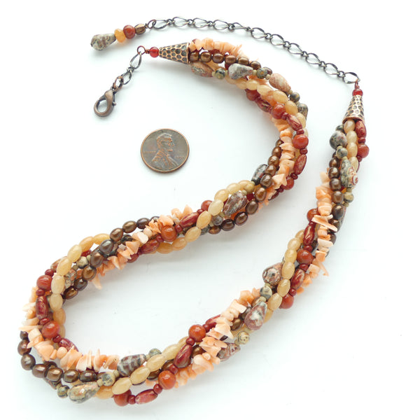 Twist Necklace with Warm Blend of Bronze Pearls, Red Aventurine, Coral & Jasper, Up to 21-inches
