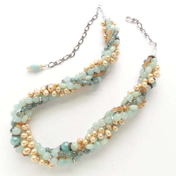 Gems and Pearls, 5 Strands of Peach and Aqua Tiwsted, Adjustable to 20 inches