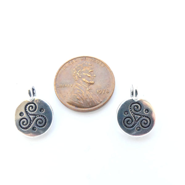 Silver Plate, Tierracast Triskele Charm, 15mm Long Including Loop, Sold by the Pair