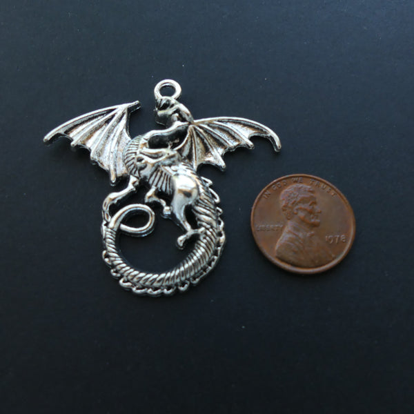 Pendants, Silver Tone Cast Fierce Dragon Pendant, 42x50mm