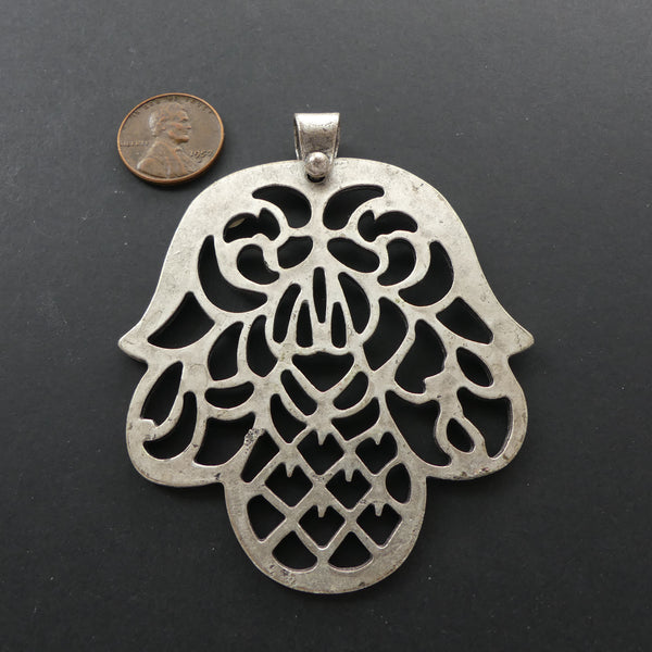 Pendant, Turkish White Metal, Openwork Hand of Fatima, 3 inches long