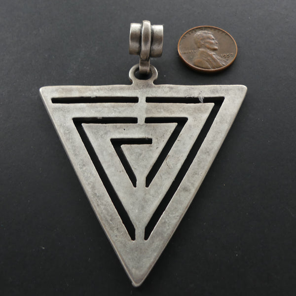 Pendant, Large Turkish White Metal, Triangle Maze Design, 3 inches long with large bail