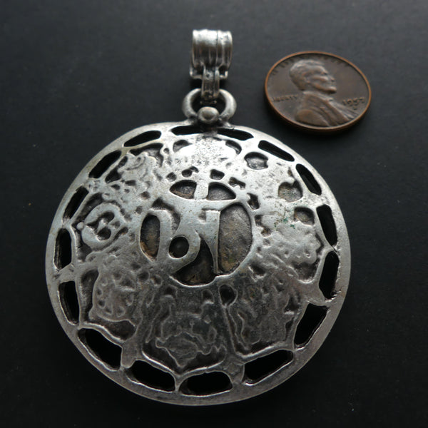 Pendant, Large Round Domed with Tibetan Om and Buddhist Symbols, 43mm diamter
