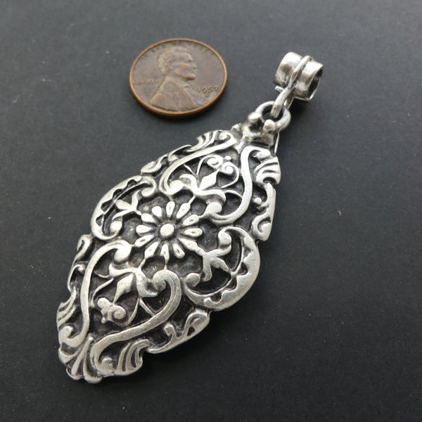 Pendants, Oval with Antiqued Floral Design with Large Bail, 57mm long without bail