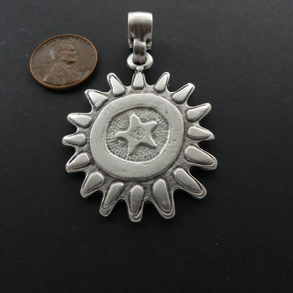 Pendant, Round Sun & Star Designs, 35mm Diameter with Large Hole Bail