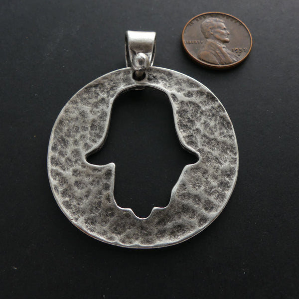 Pendants, Large Round with Hand of Fatima Cut-Out and Large Bail, 43mm diameter