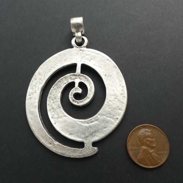 Pendant, Extra Large, White Metal Cast Spiral Wave Design, 2" diameter with Large Bail