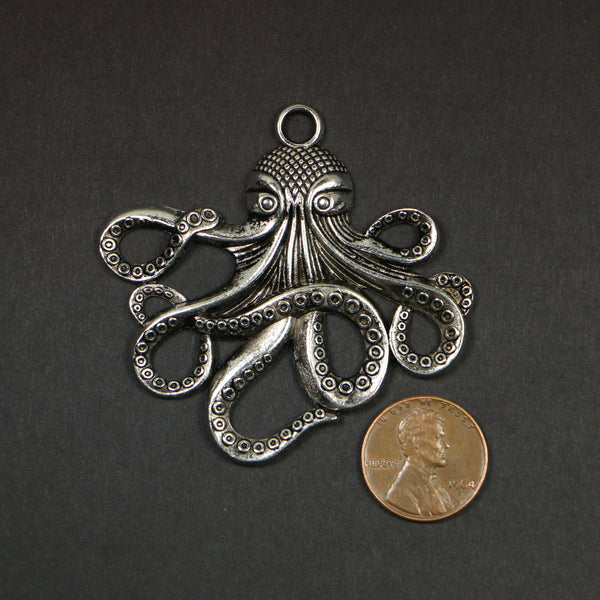 Pendants, Extra Large Cast Silver Tone Octopus, 2.5x2.5 inches