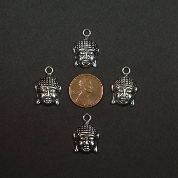 Pendants, Medium, Silver Tone Cast Buddha Head with Loop, 22mm Tall, Sold in Sets of 4