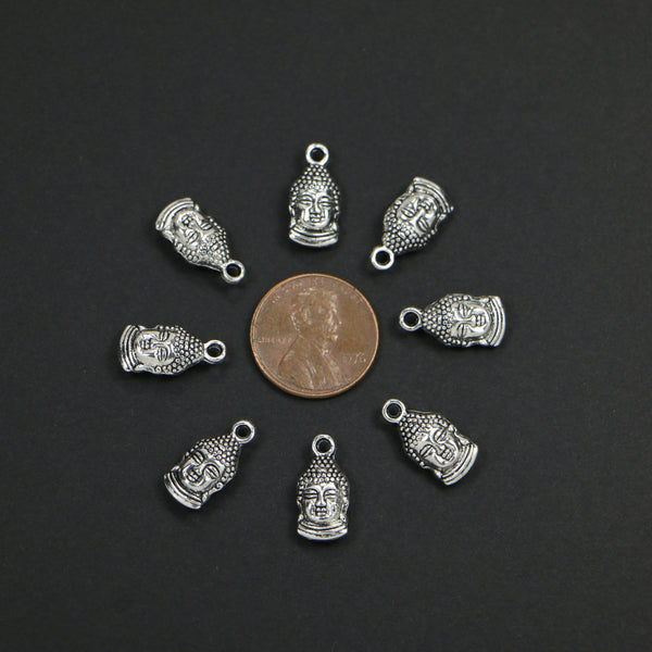 Charms, Silver Tone, Buddha Head, 15mm Including Loop, Sold in Sets of 8