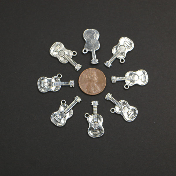 Charms, Silver Tone, Guitar, 25mm Long including Loop, Sold In Sets of 4