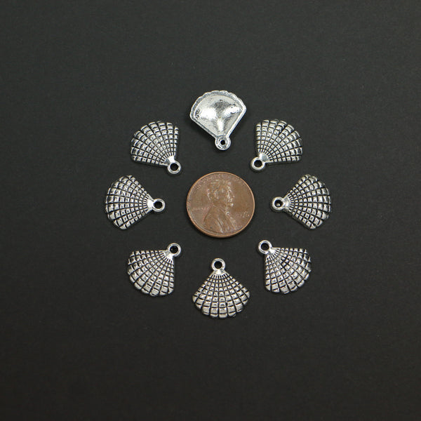 Charms, Silver Tone, Fan Shape Shell, 15mm Tall including Loop, Sold in Sets of 4