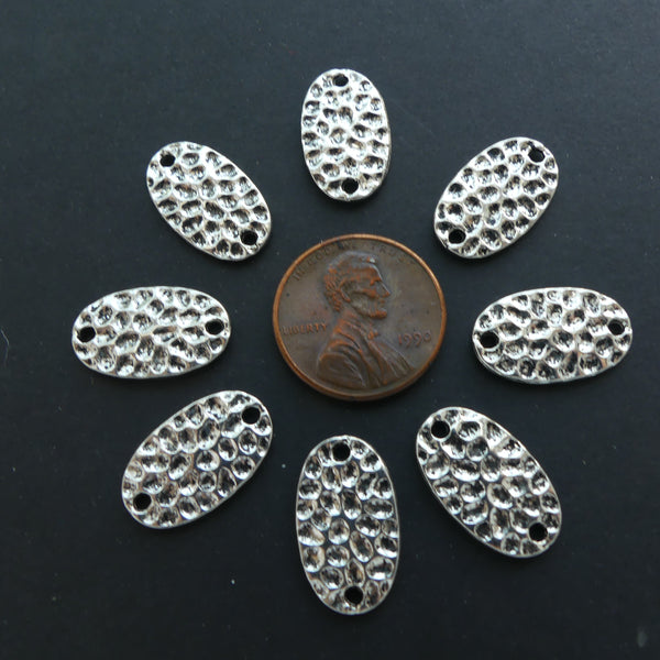 Connector, Cast Silver Tone Hammered Oval Connector w/ Holes at Both Ends, 17mm Long, Sets of 8