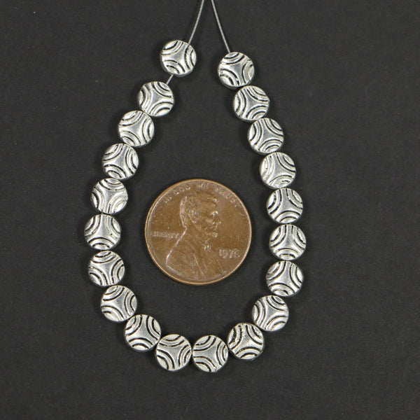 Cast Antiqued Silver-tone Coin Shape with Geometric Surface Design, 6mm Diameter, Sets of 20