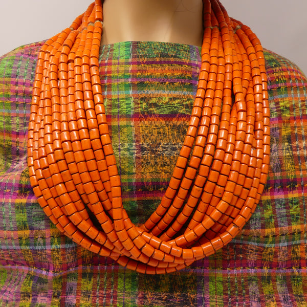Naga Necklace, Vintage 10 Strand Konyak Necklace of Orange Beads, 33 inches Long