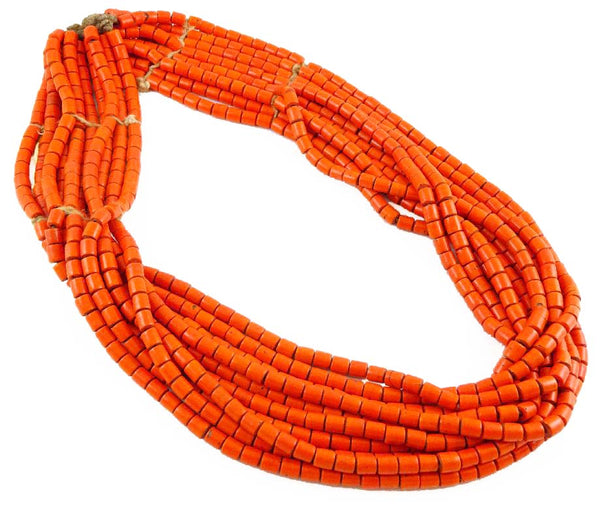 Naga Necklace, Vintage 10 Strand Konyak Necklace of Orange Beads, 33 inches Long