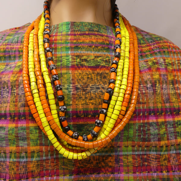 Naga Konyak Necklace 5 Strands, Orange, Yellow & Black/White Beads w/ Chank Shell, 28 inches
