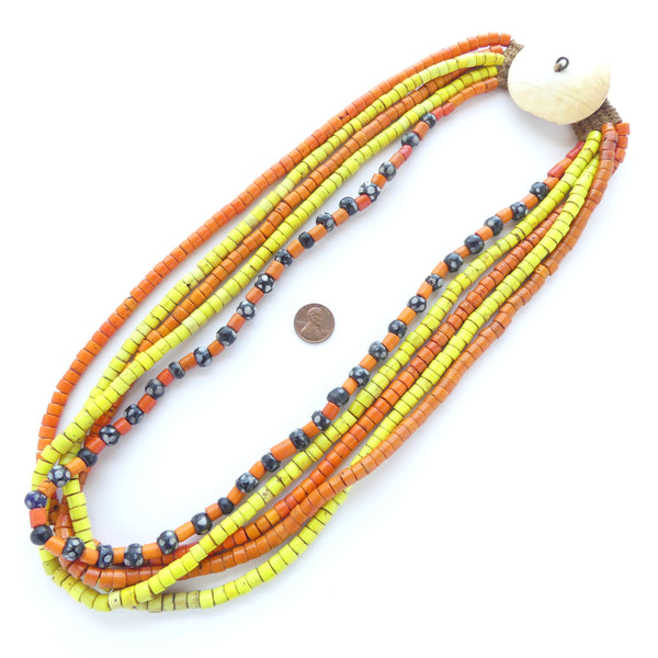 Naga Konyak Necklace 5 Strands, Orange, Yellow & Black/White Beads w/ Chank Shell, 28 inches